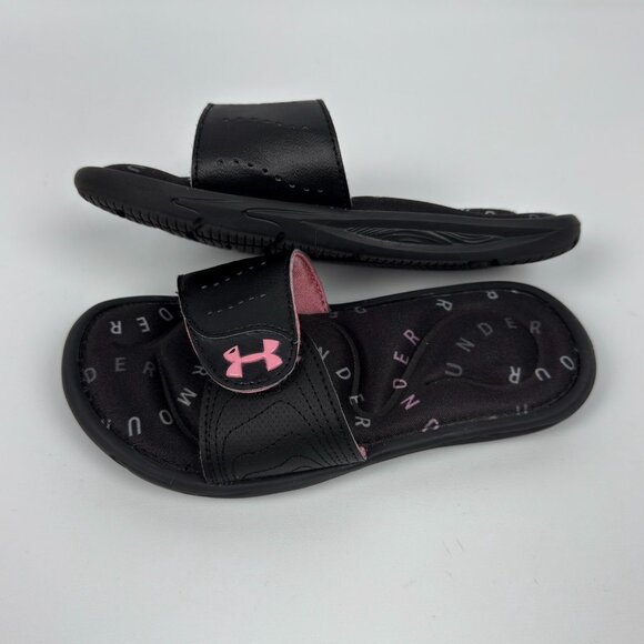 Under Armour Youth 1Y Slide Sandals Black Pink Adjustable Strap Padded Footbed - Picture 3 of 9